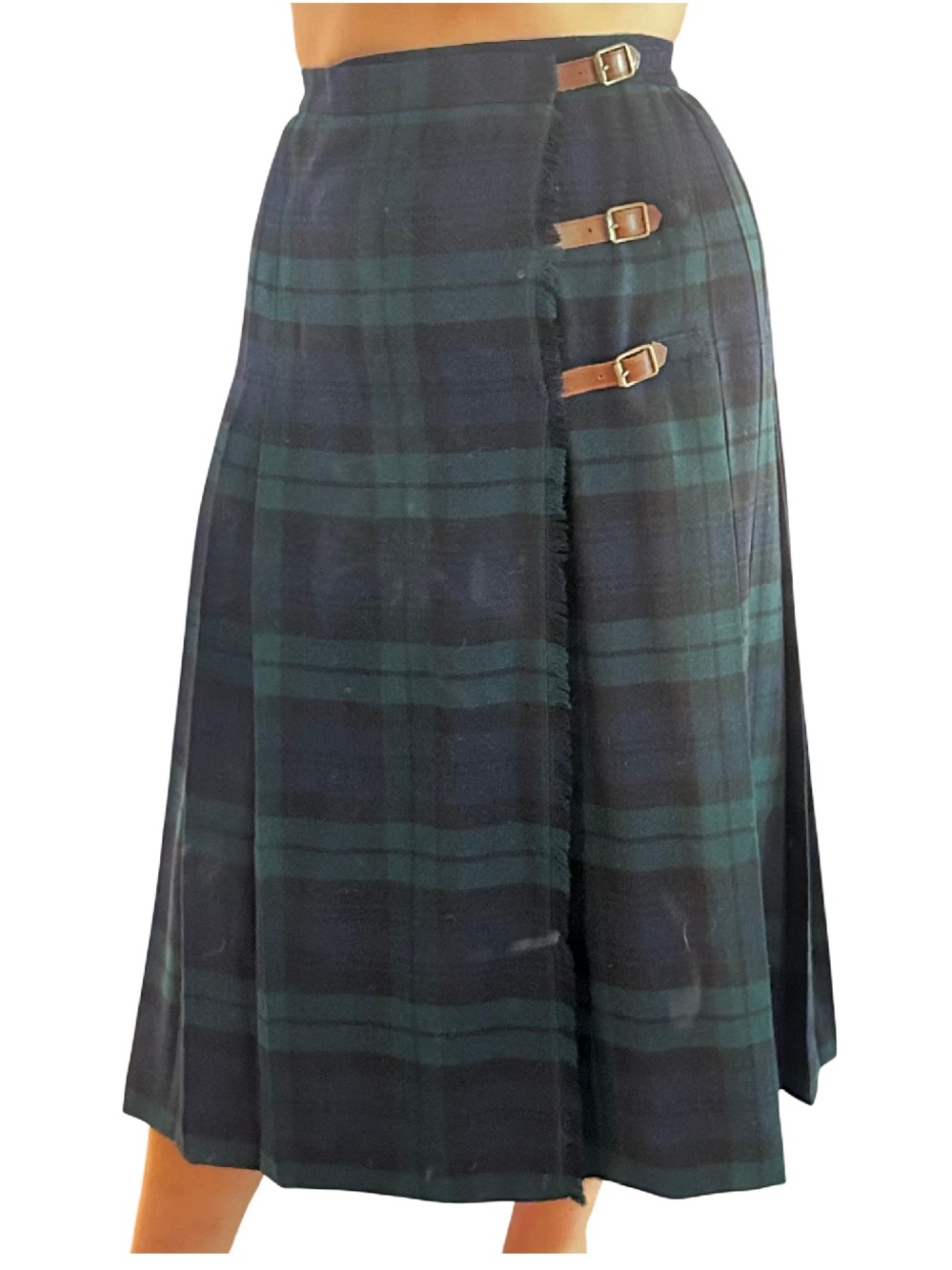 Vintage Ralph Lauren Blackwatch Plaid Midi Wrap Skirt with Buckle Straps